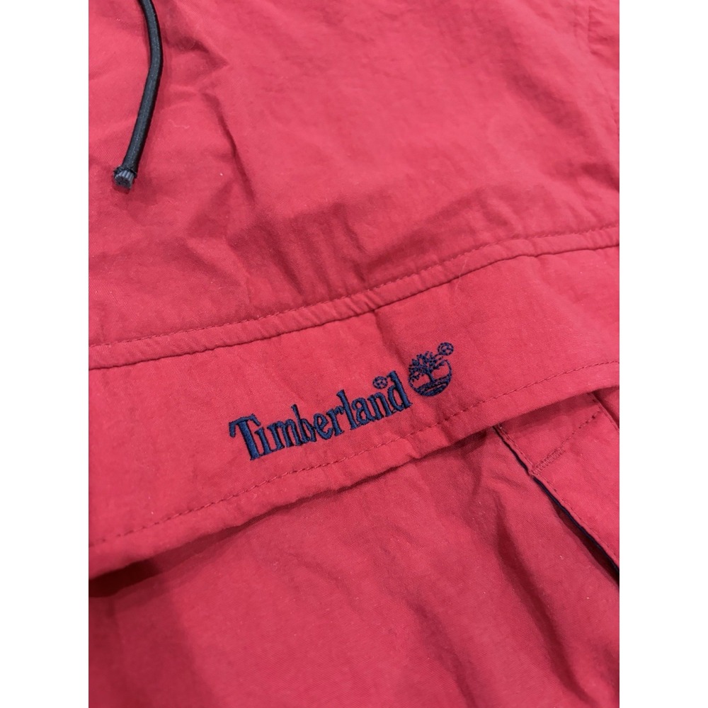 Vintage 90s Timberland Windbreaker Jacket Leather Trim Red Large Hooded - Picture 2 of 9